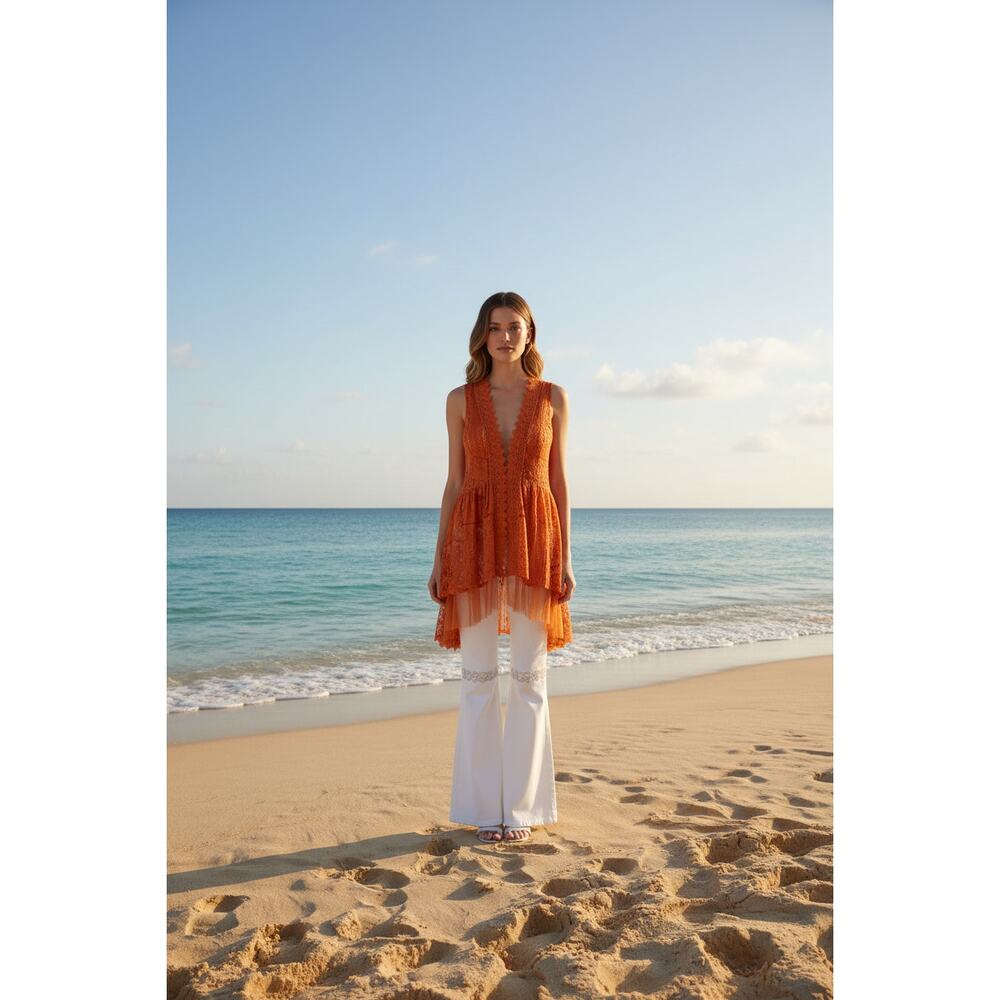 Origami Hi-Lo Lace Vest Rust Small